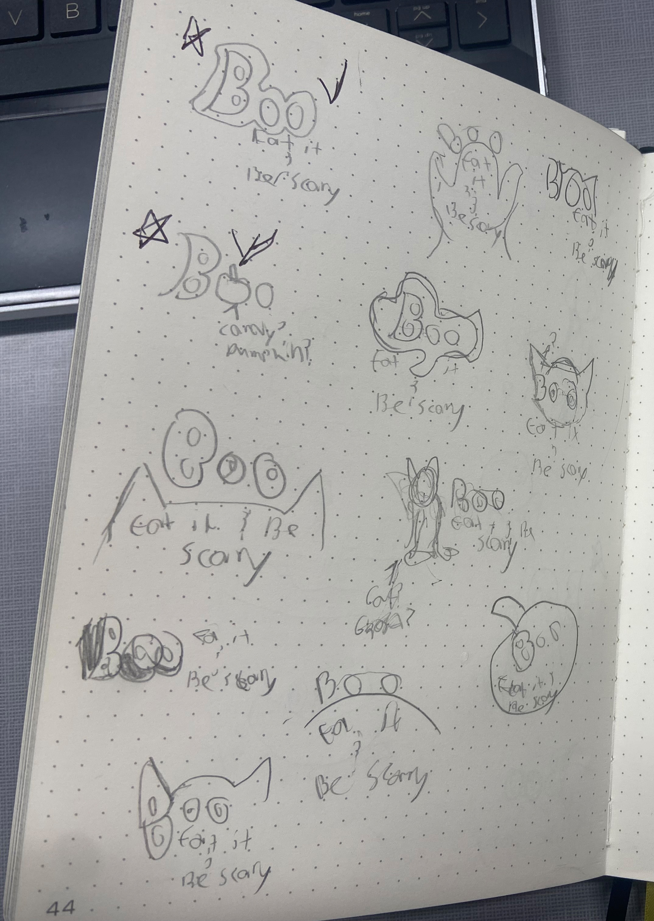 A bunch of sketches for the boo logo on a dotted sketch book. There is a lot of sketches that playes with haloween imagry and plays wit6h haloween text. The chosen ones have stars next to them