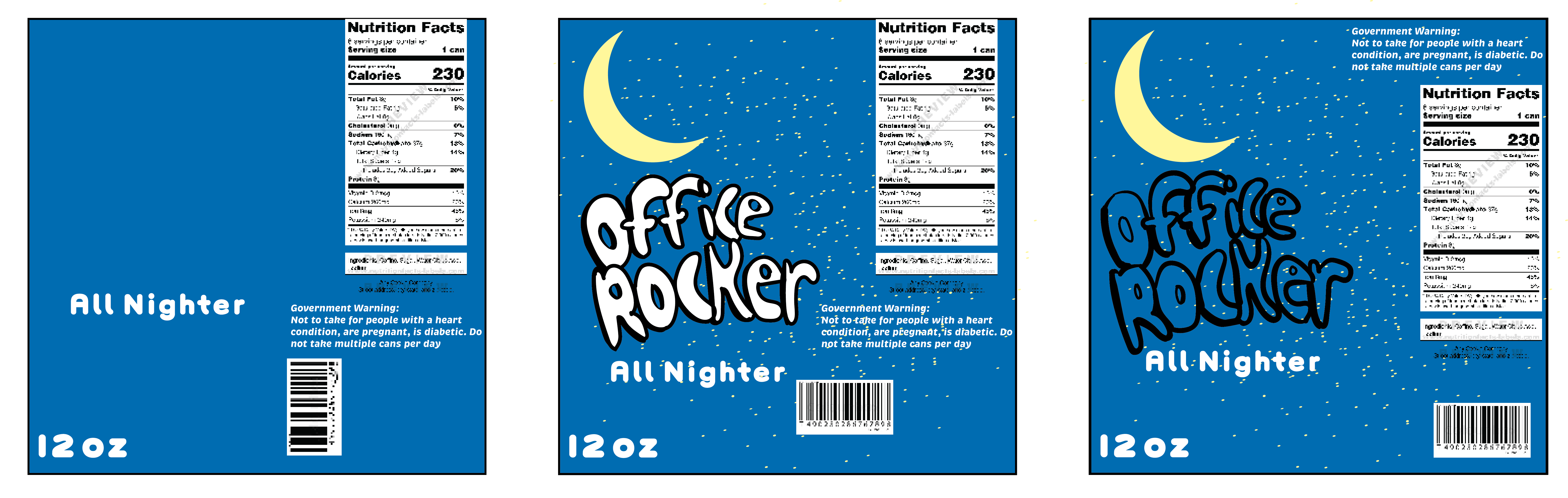 comp version for the flavor all nighter can label. Has a stary night background with the office rocker logo on it